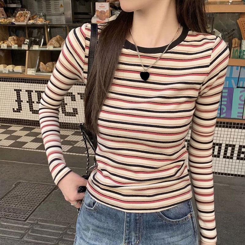 Women's Retro Color Block Striped Long Sleeve Slim Fit T-Shirt