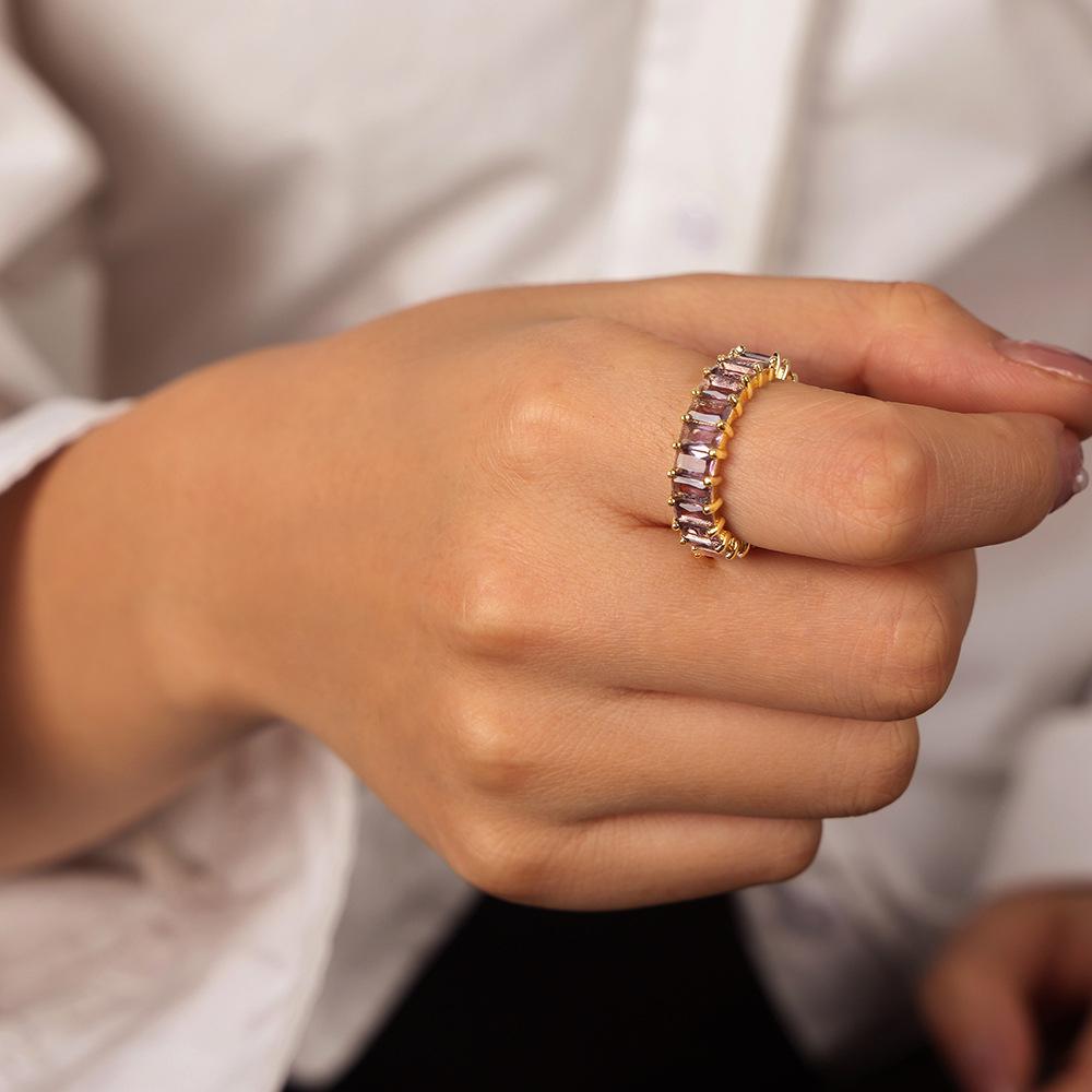 European Hot Selling Gold-Plated Copper Geometric Ring with Colored Zirconia - Adjustable Luxury Ring for Women Size 7
