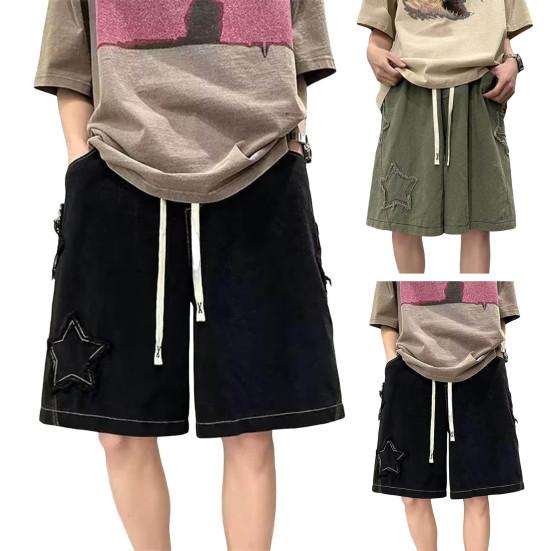 Men Denim Shorts Elastic Waist Adjustable Drawstring Oversized Wide Leg Short Jeans Washed Knee-length Shorts with Tassel Edge Star Patch