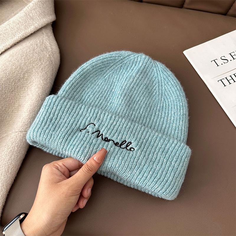 

Letter Embroidered Wool Hat Season Casual Versatile Thermal Ear Protection Pullover Hat Big Head Circumference Knitted Hat 54-62cm