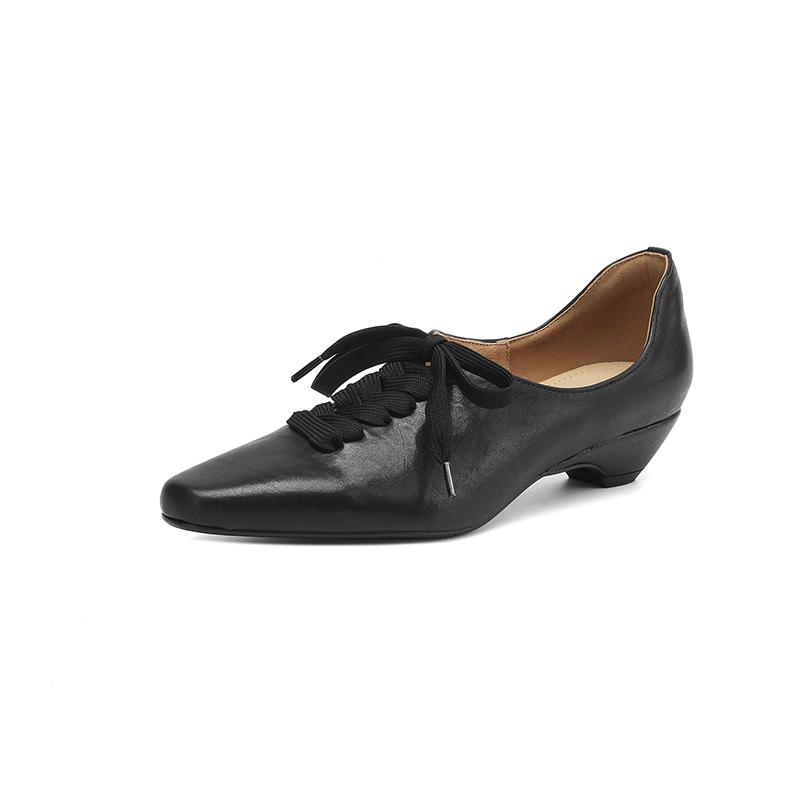 

Мода Размер 34-41 Ретро Туфли на низком каблуке для женщин Натуральная кожа Шнуровка Низкий каблук Туфли Винтаж Весна 2025 Новинка Офисная леди Повседневное платье 34 чёрный