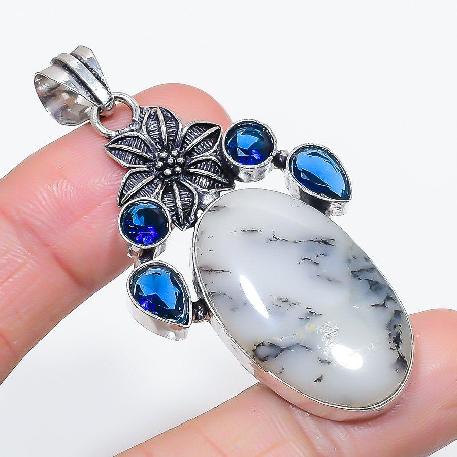 Natural Dendrite Opal, Topaz 925 Sterling Silver Jewelry Pendant 2.40" c5s01