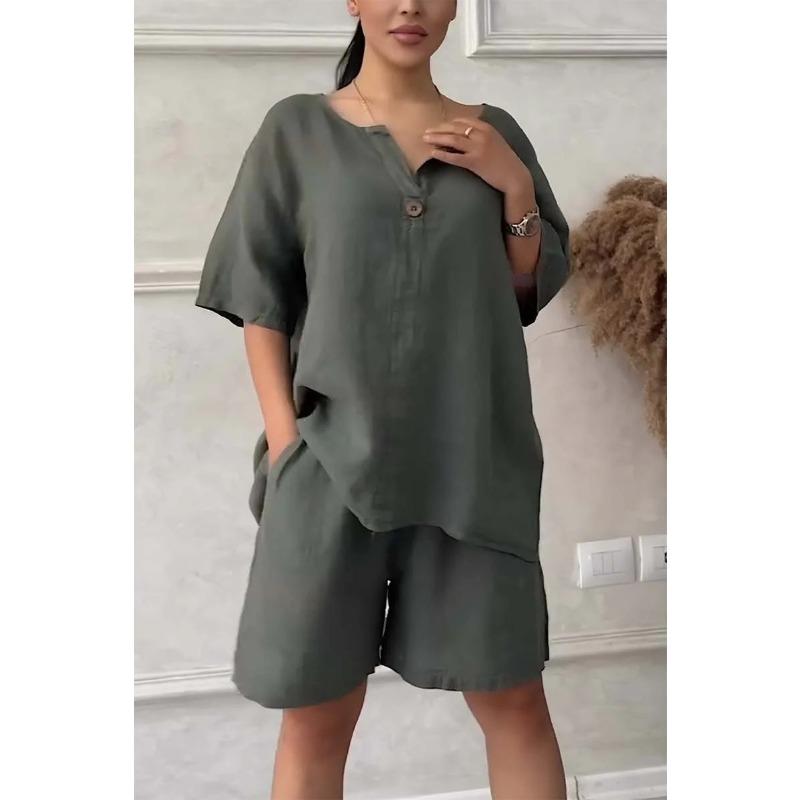 Women's Fashion Casual Summer Spring Solid Color Print 1/2 Sleeves V-Neck Trousers Pants Suits