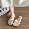 Fashion Thick Heeled Bow Rhinestone Design Mesh Breathable Half Slippers Women's Outdoor 2025 Summer Korean Version Lightweight Sandals