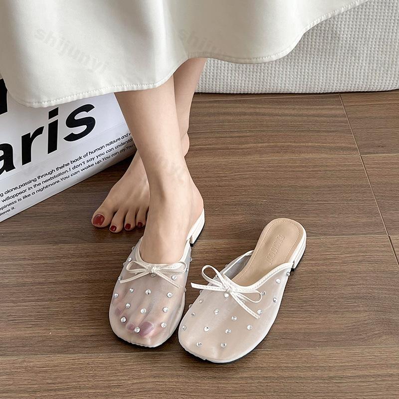 Fashion Thick Heeled Bow Rhinestone Design Mesh Breathable Half Slippers Women's Outdoor 2025 Summer Korean Version Lightweight Sandals