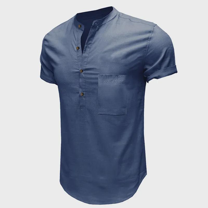 Men's Summer Cotton Linen Casual Pullover Short-Sleeve Shirt