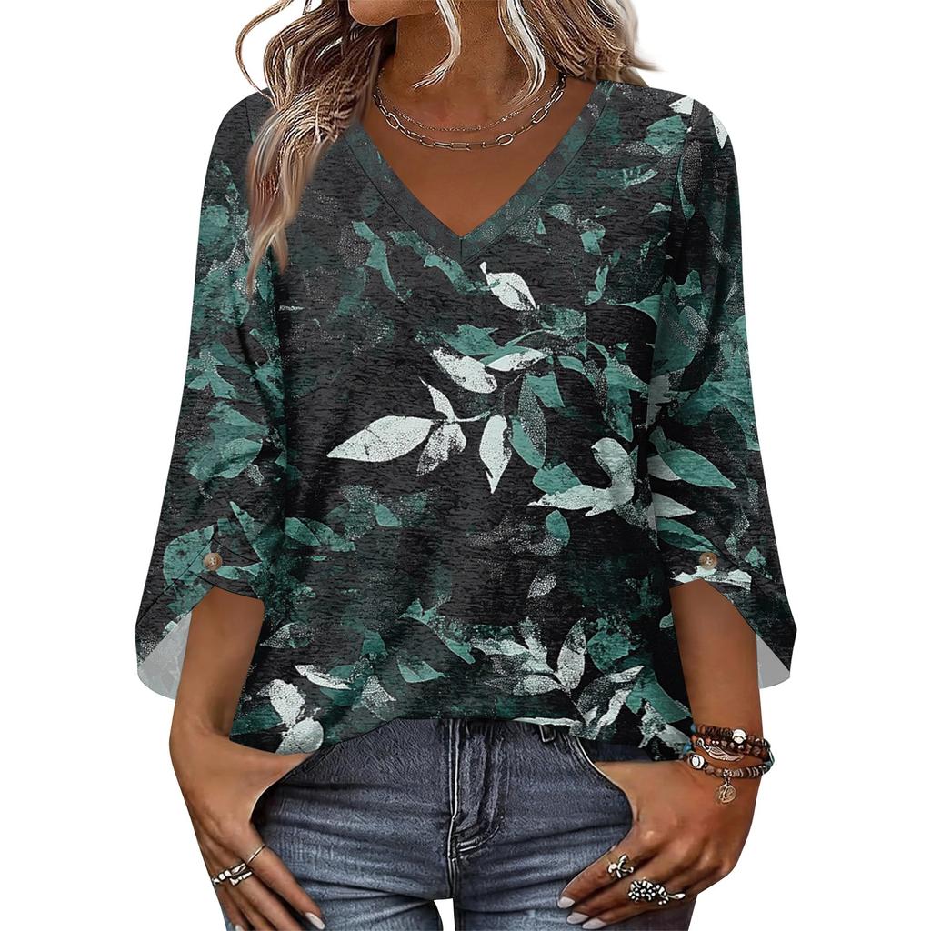 Womens V Neck Three Quarter Sleeve Floral Print Casual Loose Fit Top Comfortable Lightweight Blouse for Daily Wear Office and Travel