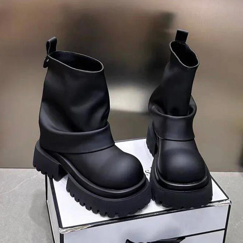Platform Women Ankle Boots Mid Heels Designer Laether Shoes Fashion Winter Woman 2025 Trend Chelsea Boots Goth Femme Chaussures