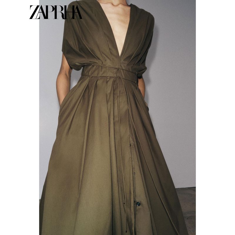 Zaprha 2025 Summer New Fashion Pleated V-neck Drop Shoulder Short Sleeve Waist Hugging Midi Dress 2965260