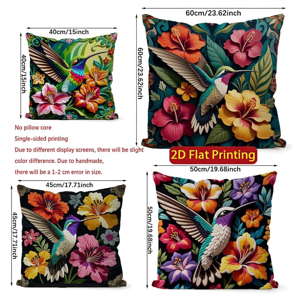 2D Tropical Hummingbird Floral Throw Pillow Covers Pattern Cushion Cover Suitable For Sofa Bedroom Car Pillow Cover