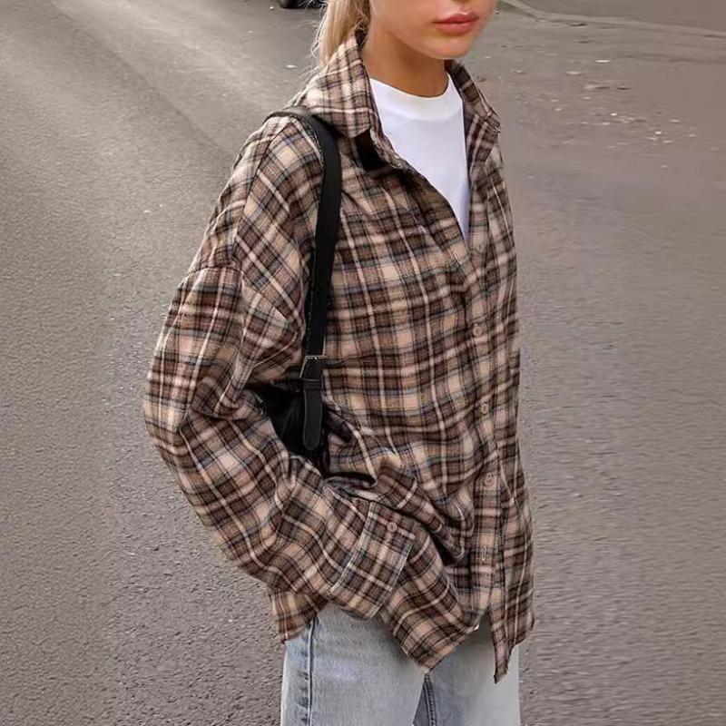 Spring New Retro Plaid Shirt Women's Long Design Fashionable Loose Top