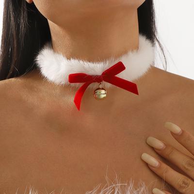 Christmas Velvet Bow Bell Collar Women Plush Ribbon Choker Necklace Collarbone Chain