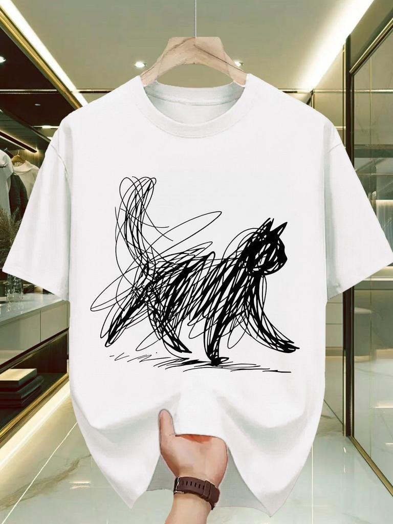 Plus Size, Abstract Cat Line Drawing Printed White TShirt for Women Men Casual Top Whimsical Sketchy