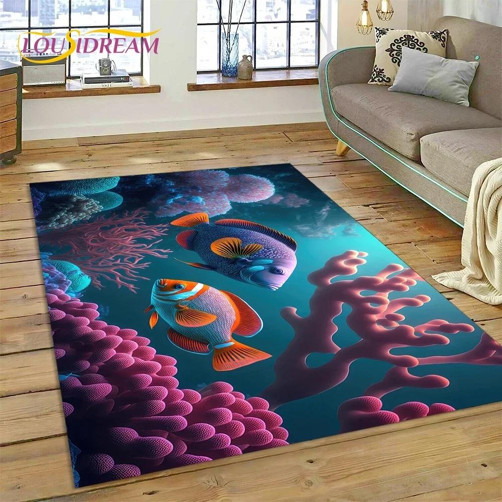 Tappeto Moquette 3D Mondo Sottomarino Fondale Marino Delfino Cartone Animato per Camera da Letto Soggiorno Decorazione Casa Divano, Bambino Grande Decor Tappetino Pavimento