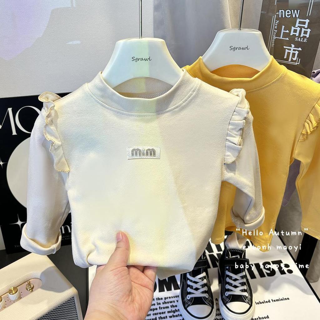Girls' Autumn/Winter Velvet Fly Sleeve Top - Korean Style Semi-High Neck for Middle & Big Girls