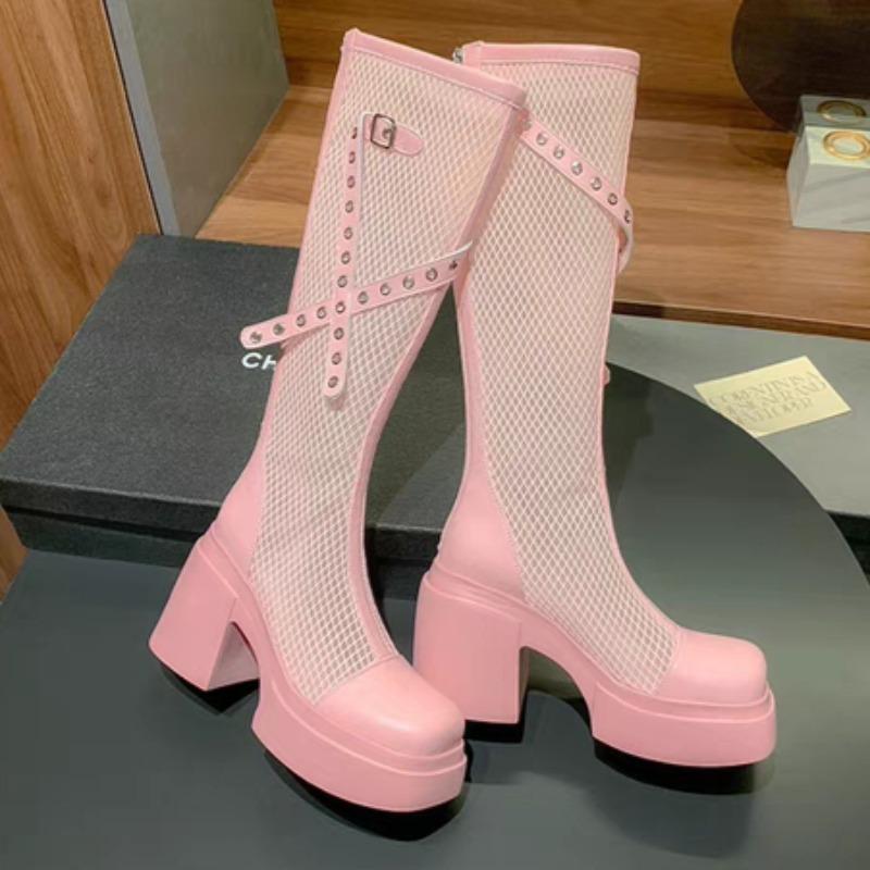 

Модные Крутые Ботинки Весна Новые Круглый Носок Сетчатая Ткань Глубокие Заклепки Металлическая Пряжка Рукав Водонепроницаемая Платформа Высокие Ботинки 39 розовый