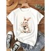 Cute Bunny with Flowers Graphic Print T-shirt, Short Sleeve Crew Neck Casual Top for Summer & Spring, Women's Clothing