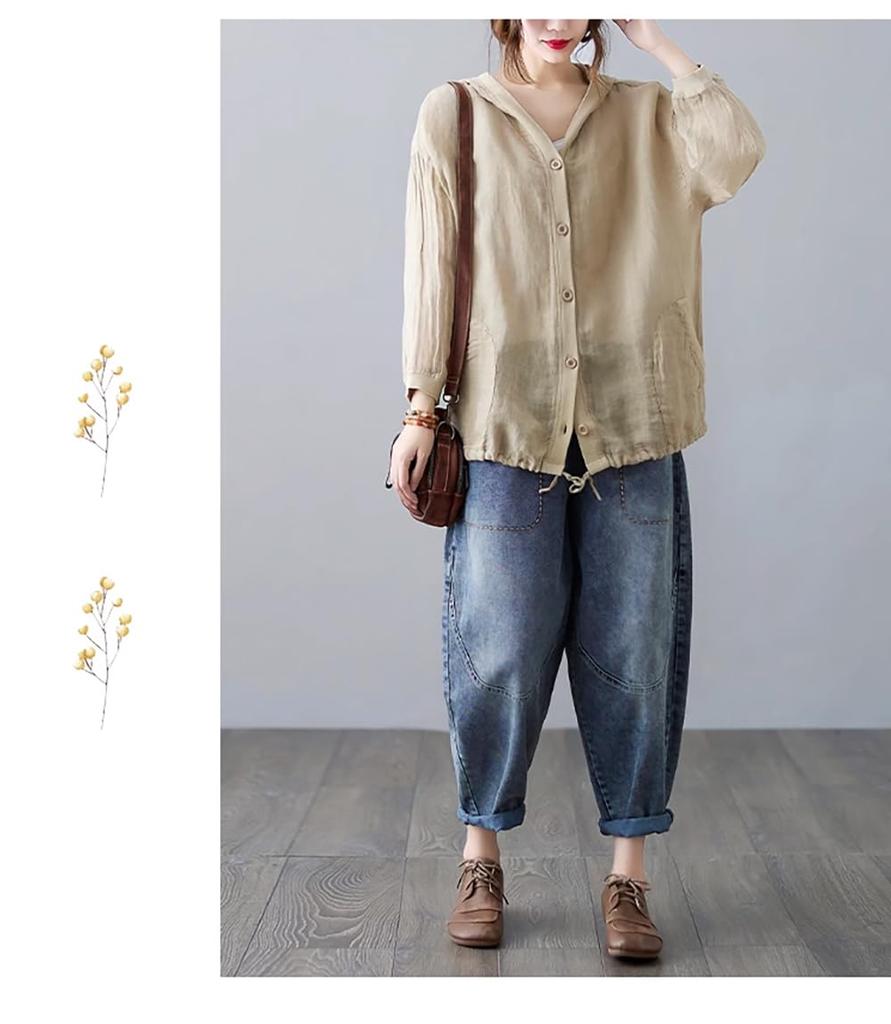 BdeSYT Long Sleeve Loose Solid 3 Women's Blouse, Cotton-Linen Hoodie, Fit, Open-Front Outerwear, Sweatshirt, Color, Slimming, Colors, M-2XL (L, Khaki)