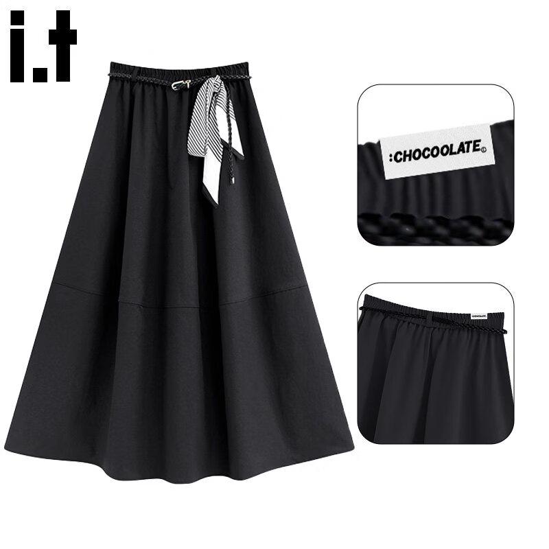 Women s A-line Pleated Midi Skirt with Silk Scarf Belt L чёрный