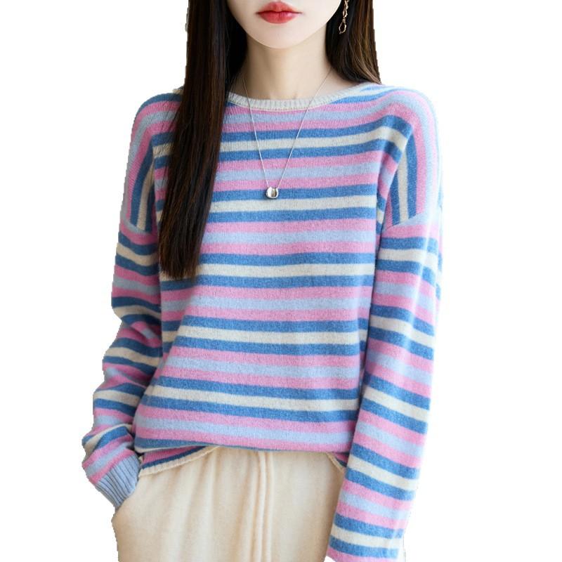 Autumn And Winter New Retro Japanese Lazy Style 100 Wool Sweater Pullover Bottoming Knitted Sweater Colored Striped Sweater Women