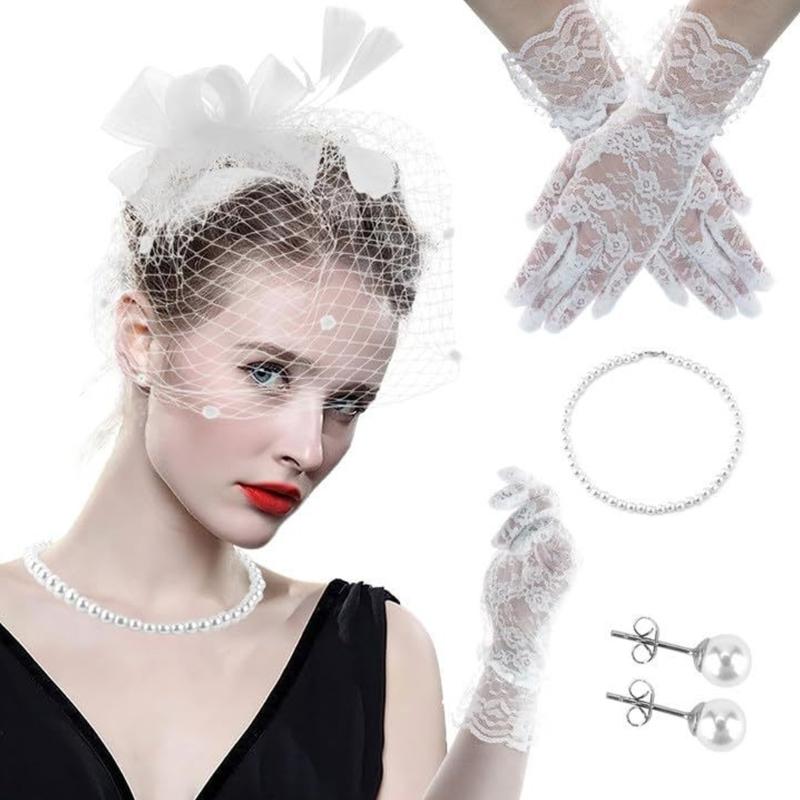 

Cocktails Party Feather Mesh Headpiece with Lace Gloves Necklace 1920s Tulle Headpiece Flapper Costume for Formal Event
