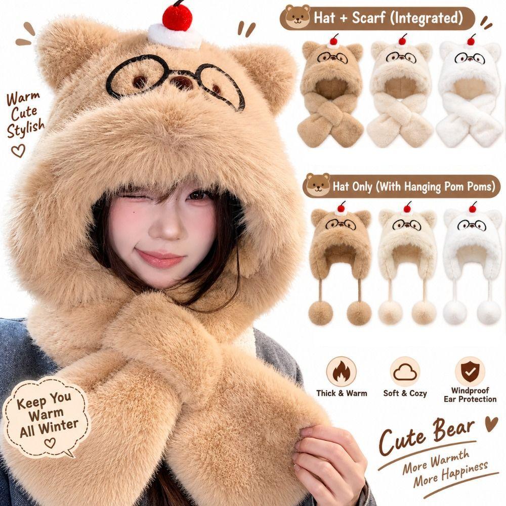 Windproof Beanie Hat Scarf Soft Plush Ear Protection Cap Cute Bear Ear Pullover Cap  Winter Outdoor