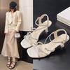 Korean Version 2025 Summer New Medium and High Heel Sandals Women's Thin Heel Versatile Square Head Cross Strap One-word Buckle with Rhinestone