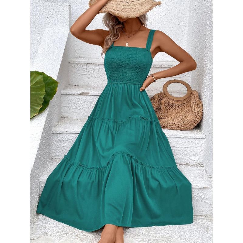 VEZFAA Kvinnemote Sommer Vår Ensfarget Print Ermeløse seler Høy midje Uformelle kjoler