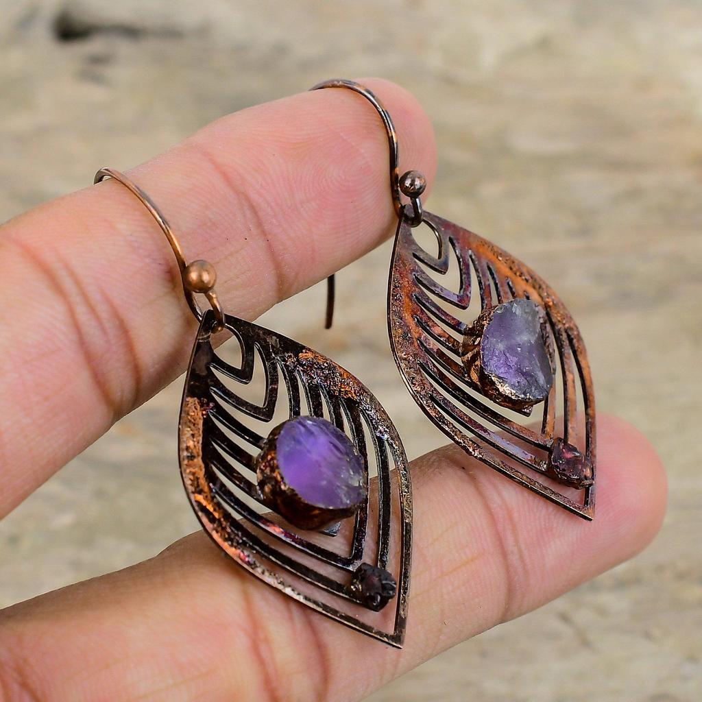 African Amethyst Rough Earring Pink Tourmaline Rough Earring Electroformed Copper Earrings Handmade Gemstone Jewelry Unique Earring For Gift