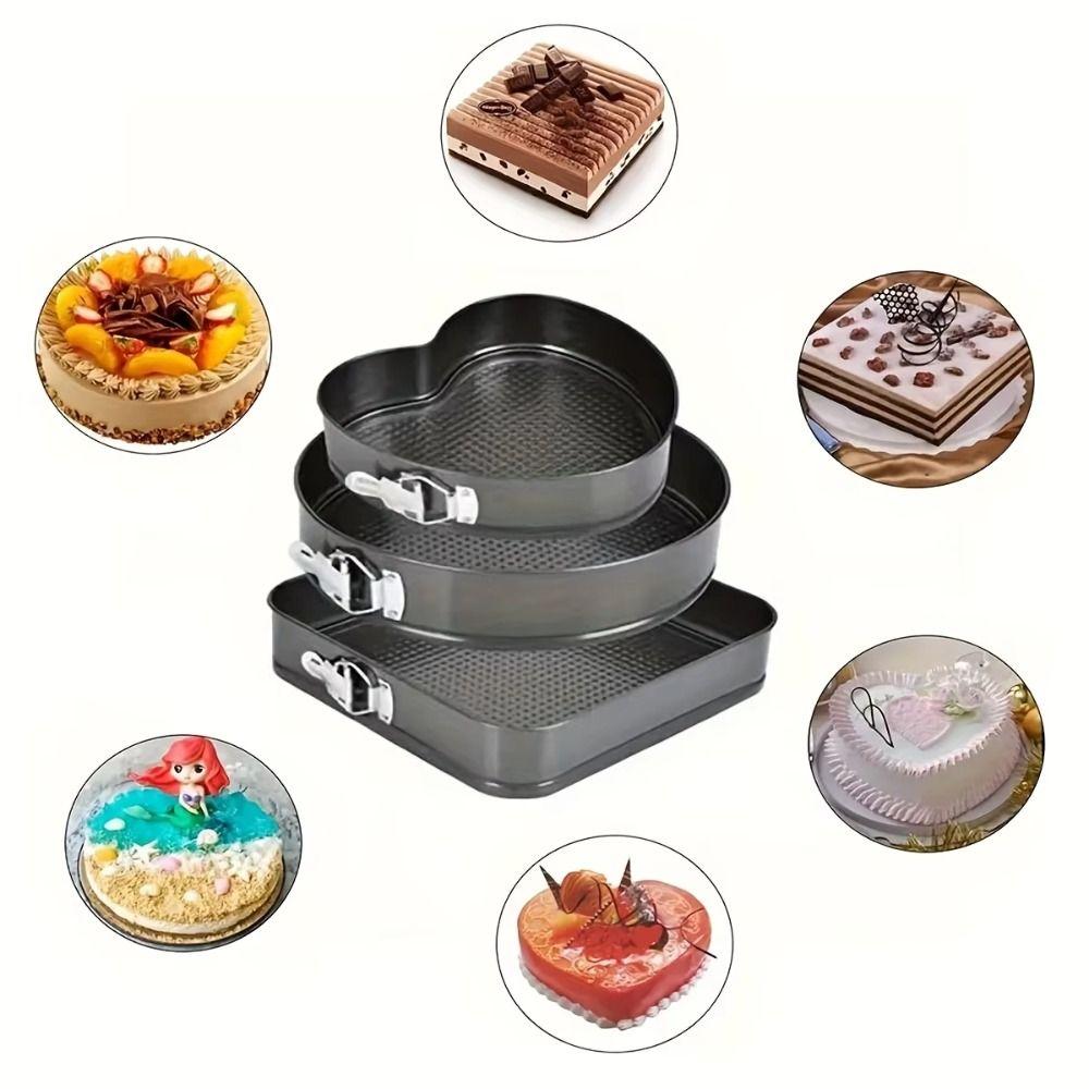 3pcs Carbon Steel Cake Embryo Mold Set Heart Round Square Live Bottom Baking Pan Tool  Home Kitchen