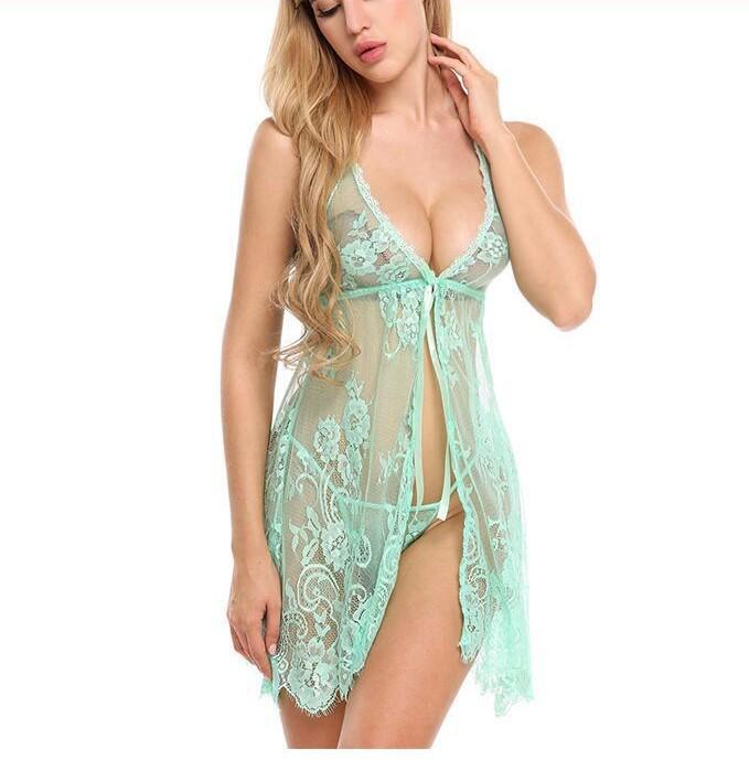 European & American Sexy Eyelash Lace See-through Babydoll Dress with Slit