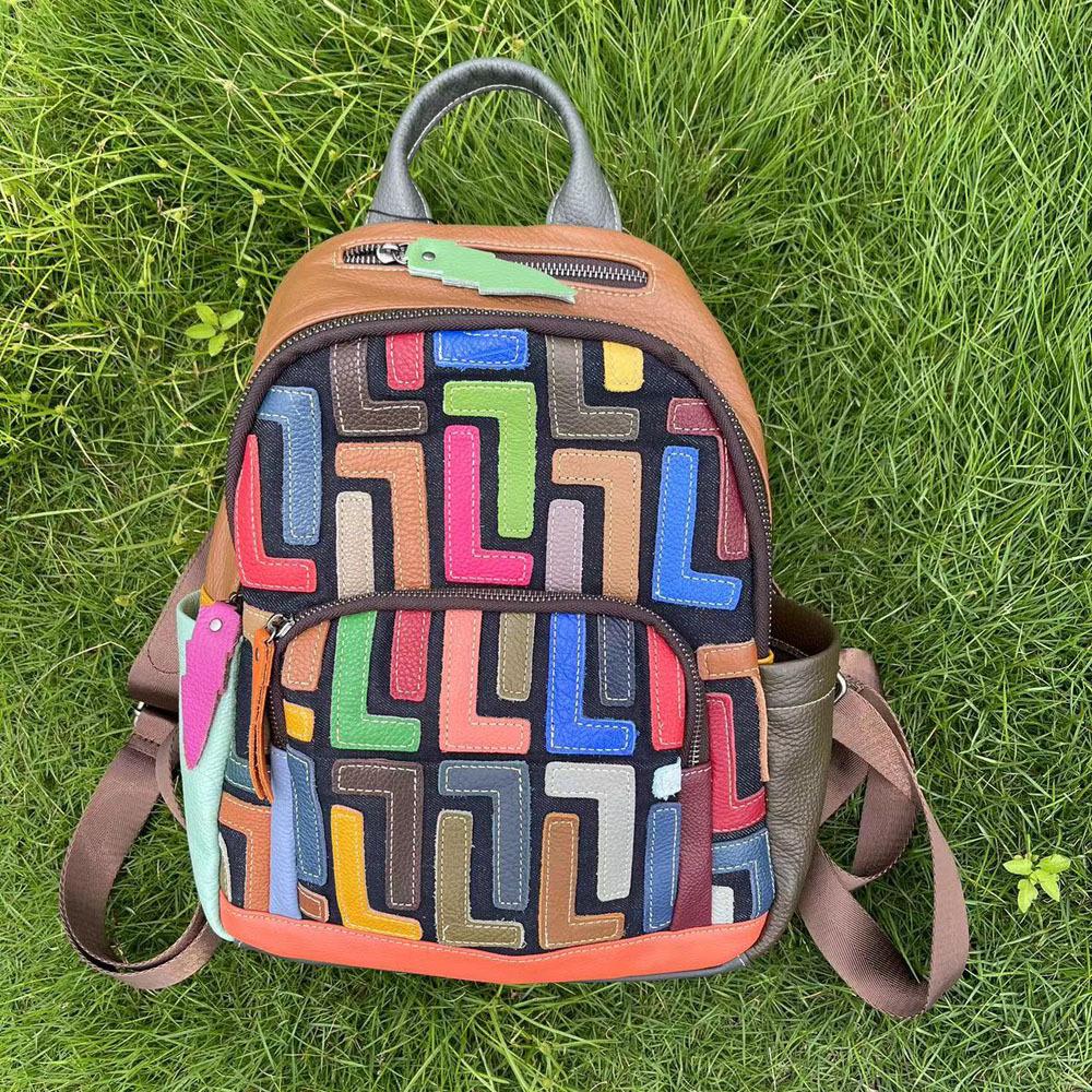 

Кожаная женская сумка Цветной рюкзак из коровьей кожи Повседневная женская сумка в стиле ретро