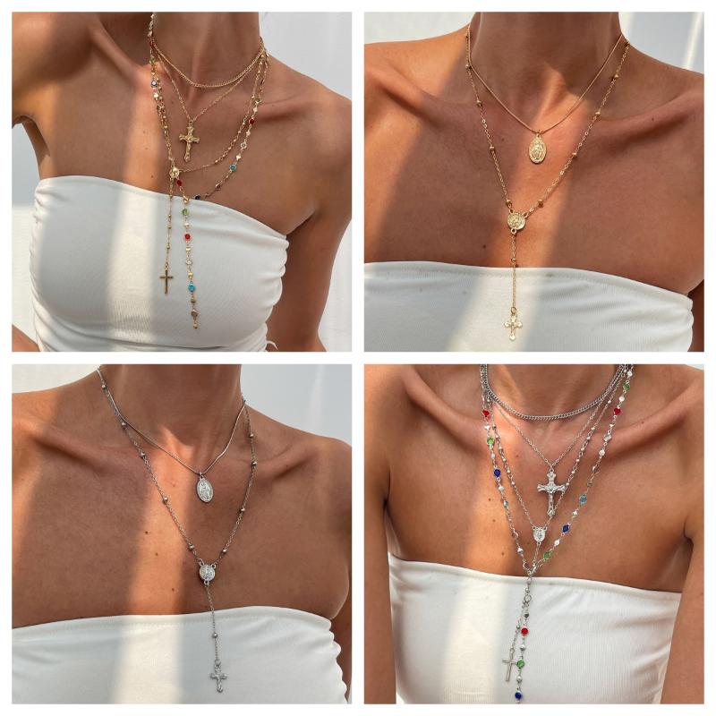Luxury Rhinestone Cross Pendant Necklace For Women Girls Vintage Colorful Long Y-Shaped Necklace Hip Hop Party Body Jewelry Gift