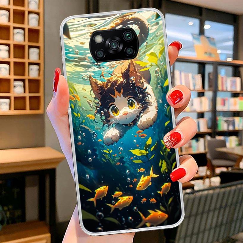 Cartoon Cute Cat Fish Aesthetic Cover Phone Case For Xiaomi Poco F7 Ultra X7 X6 X5 Pro M7 Redmi 15C 15 13C 13 12C 12 10C 10 9A 9