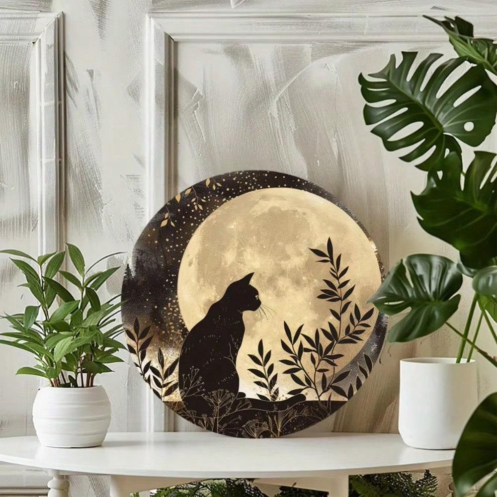 Vintage Black Cat Moon Tin Sign 8 Inch Metal Wall Art Decor