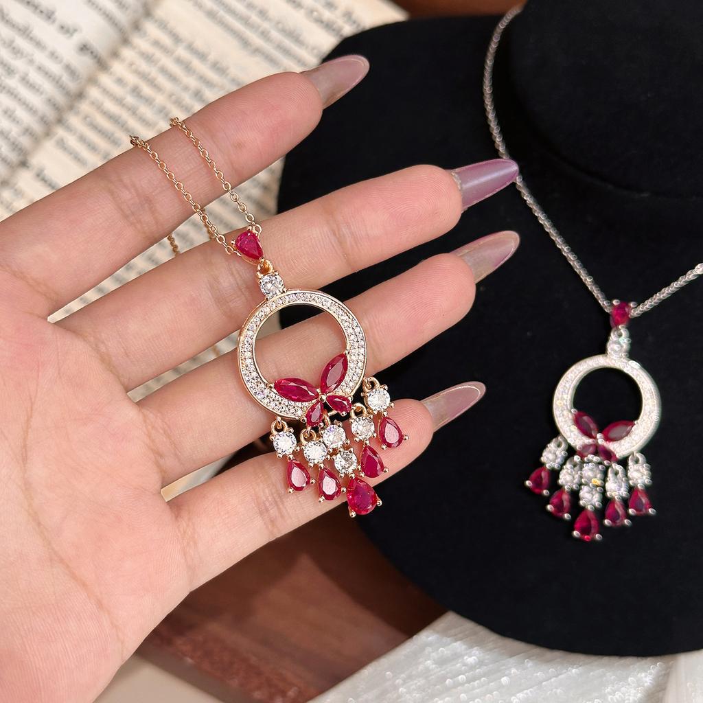 French super flash exaggerated red butterfly flower fringed pendant necklace light luxury heavy industry sweater chain