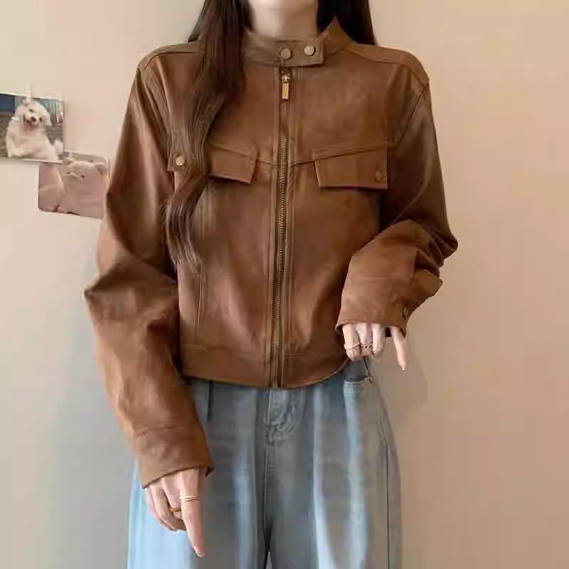 Women's Autumn 2026 Brown Petite Melange Suede Velvet Long Sleeve Short Jacket