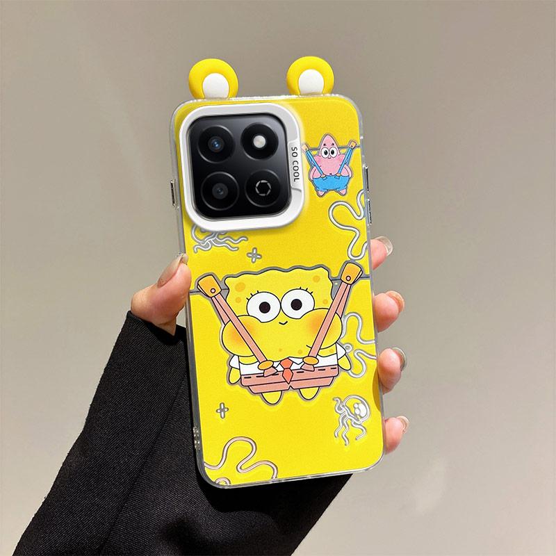 KEYSION Cute Ear Cartoon Case for HONOR X7c with Lanyard Soft Silicone+PC Shockproof Phone Cover for Huawei Honor 200 Smart 5G
