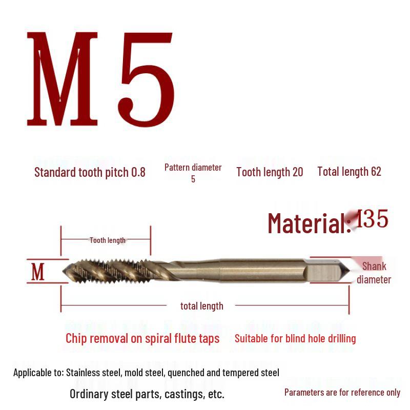Cobalt Tapping & Threading Tools for Spiral Taps M3-M12, Stainless Steel