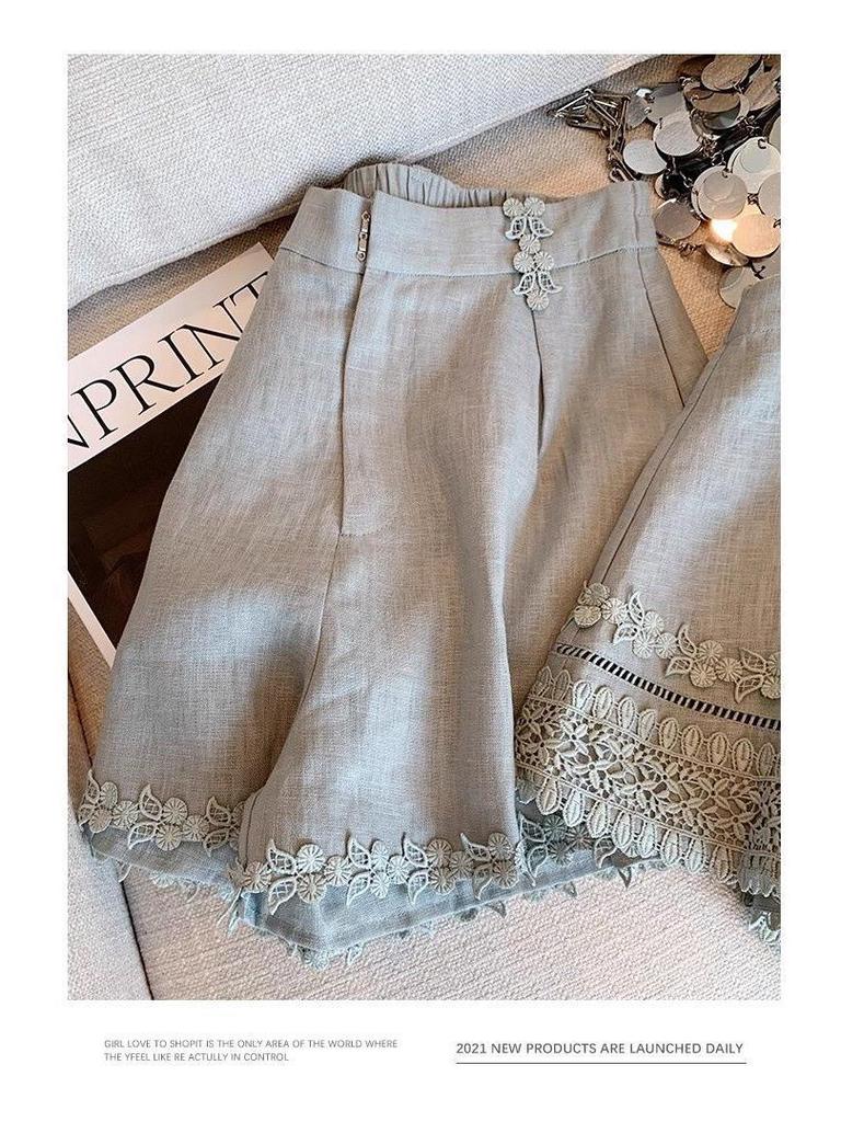 Blue 3D Lace Embroidered Two-Piece Women's Summer Set - Sleeveless Shirt + Shorts, New Chinese Style