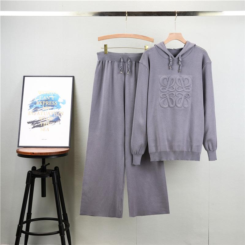 Hooded Knitted Sweater Women's Autumn Plus Size Lazy Fashion Ageing Wide-legged Pant Suit