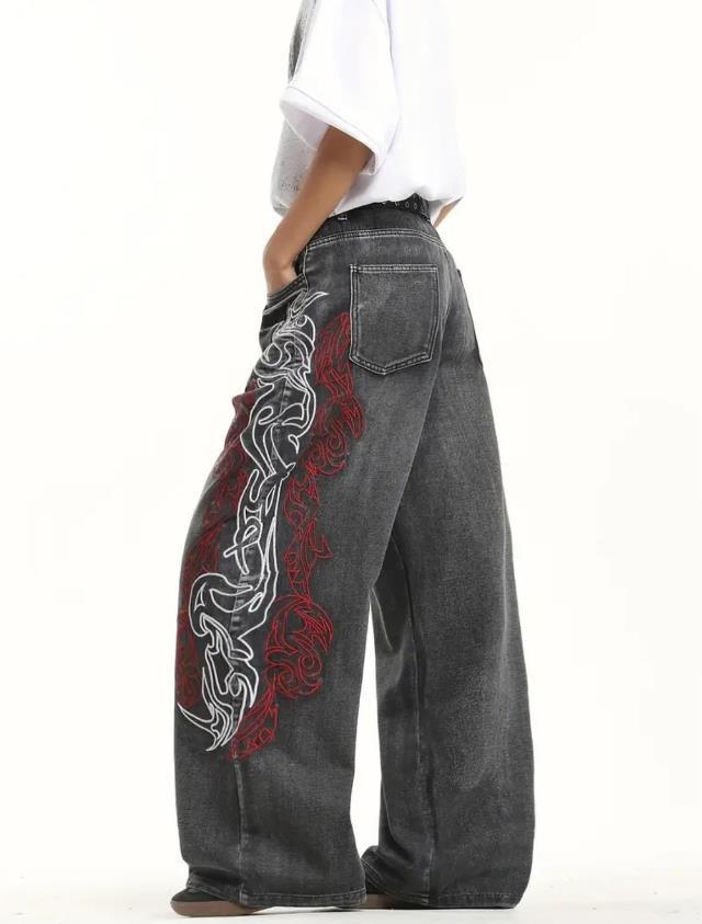 Y2K Embroidery Design Loose Floor-Length Unisex Jeans