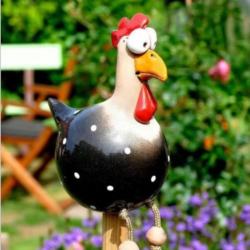 

Garden Fence Art Decoration, Big Eyed Chicken Statue, Long Legged Hen Wooden Stake Sculpture, Resin Craft Ornament