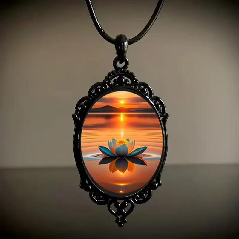 Vintage Oval Glass Alloy Pendant Necklace Jewelry