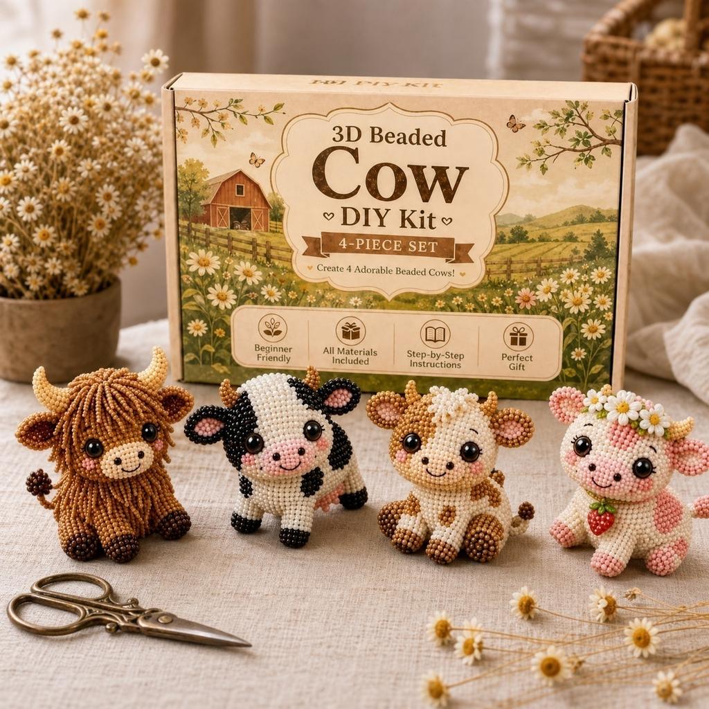 3D Beaded Cow DIY Kit Four Piece Animal Beading Craft Set Handmade Beadwork Kit for Beginners and Adults Step by Step Instructions Included