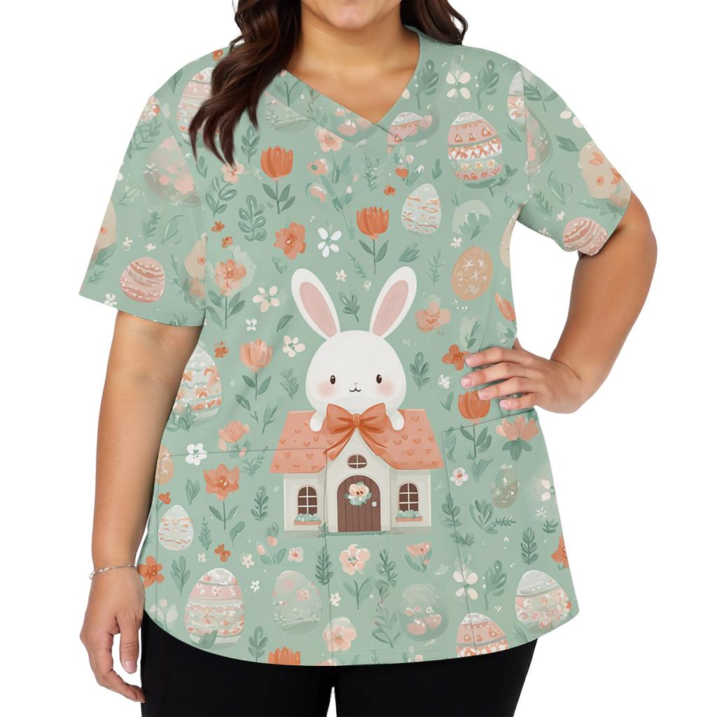 Women's Fashionable V-neck Short-sleeved Work Top With Double Side Slits And Pockets, Featuring Easter Bunny And Egg Prints.