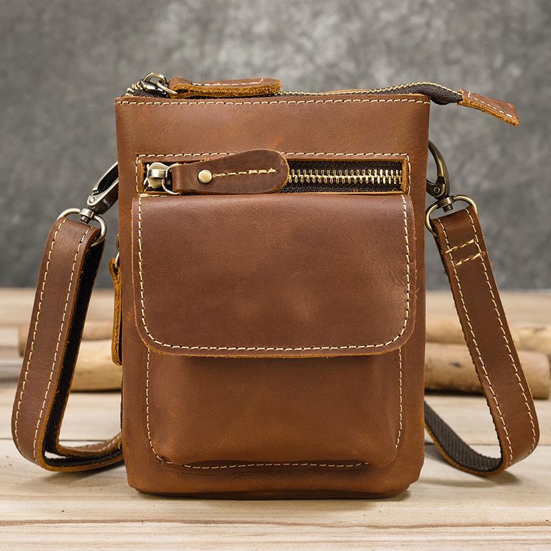 Men's Genuine Crazy Horse Leather Waist Bag - First Layer Cowhide Belt Hanging Mobile Phone Bag