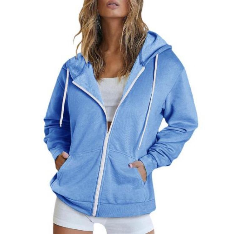 Women Loose Sport Hoodie Autumn Spring Coat with Hood Drawstring Long Sleeves Pockets Zip Up Elastic Cuff Hem