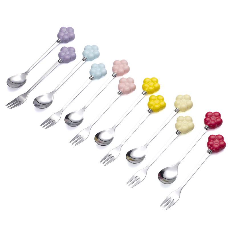 Cute flower stainless steel spoon and fork household student creative ceramic handle dessert coffee spoon fruit fork