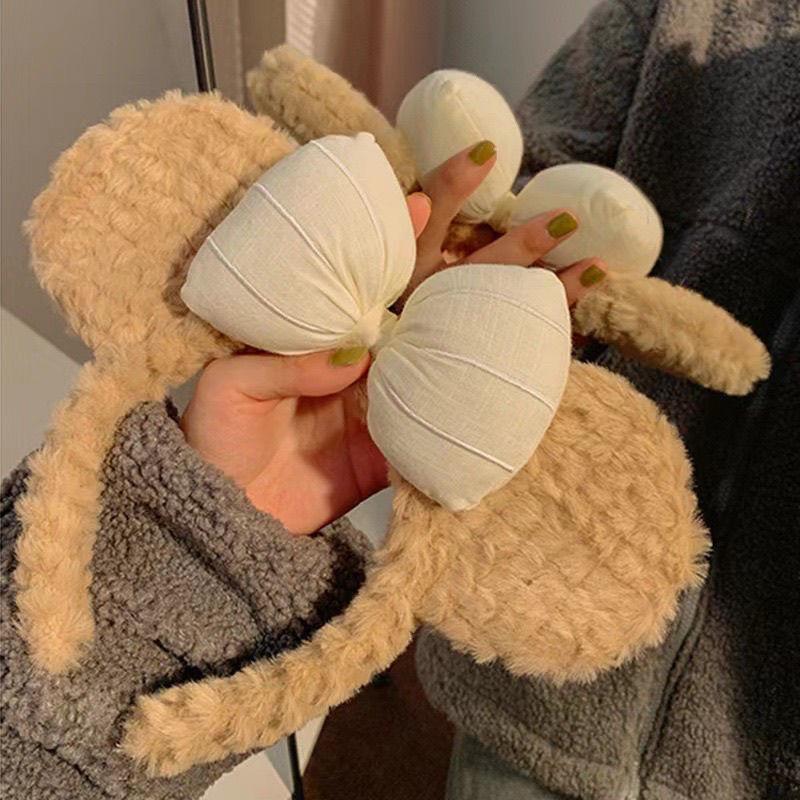 1pc Bow shaped teddy bear ear headband, women's autumn and winter plush cute cartoon face wash headband, hair clip